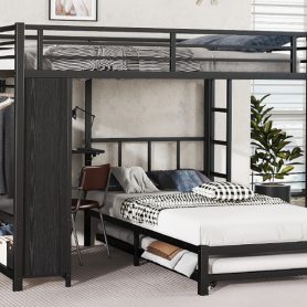 Metal Queen Over Twin Bunk Bed With Built-in Wardrobe, Trundle, Foldable Desk, Ladders 23 Metal Queen Over Twin Bunk Bed With Built-in Wardrobe, Trundle, Foldable Desk, Ladders