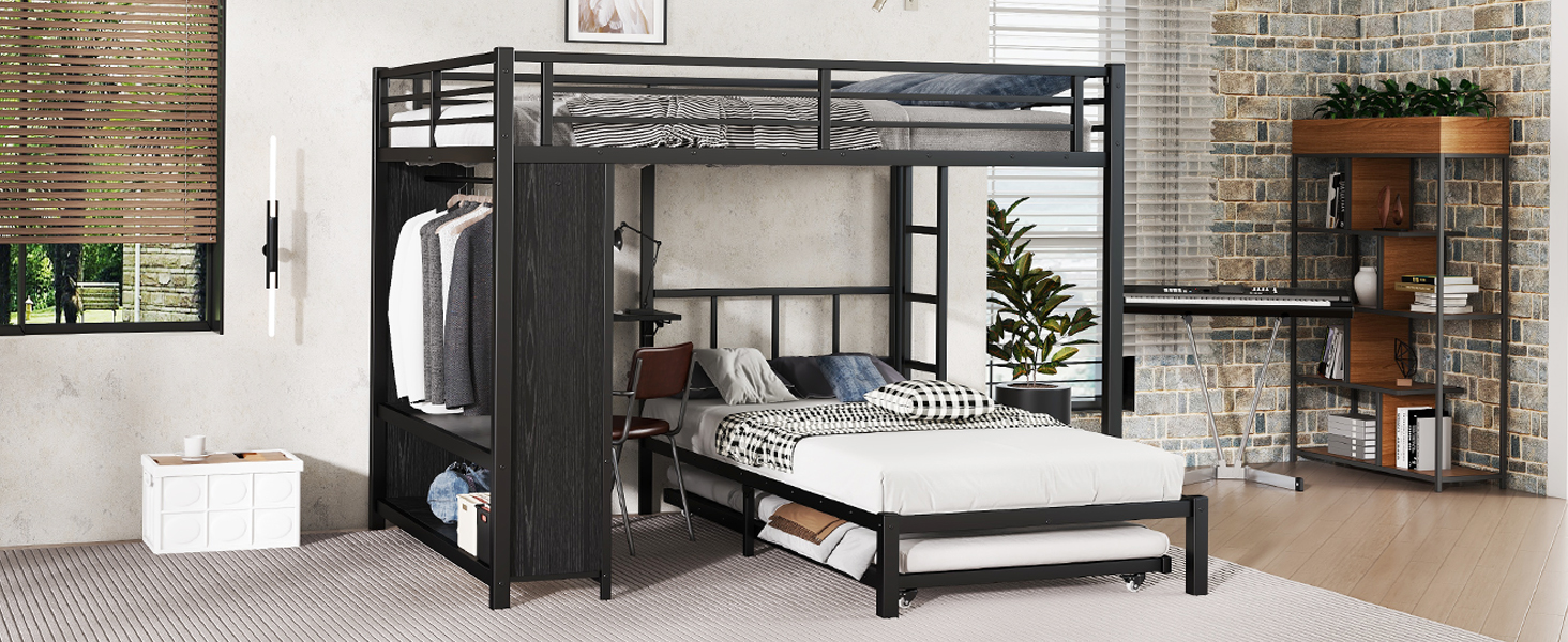 Metal Queen Over Twin Bunk Bed With Built-in Wardrobe, Trundle, Foldable Desk, Ladders 6 Metal Queen Over Twin Bunk Bed With Built-in Wardrobe, Trundle, Foldable Desk, Ladders
