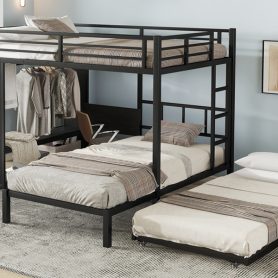 Metal Full Over Twin Bunk Bed With Built-in Wardrobe, Trundle, Foldable Desk, Ladders