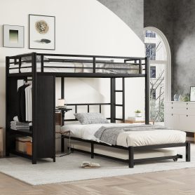 Metal Twin Over Twin Bunk Bed With Built-in Wardrobe, Trundle, Foldable Desk, Ladders