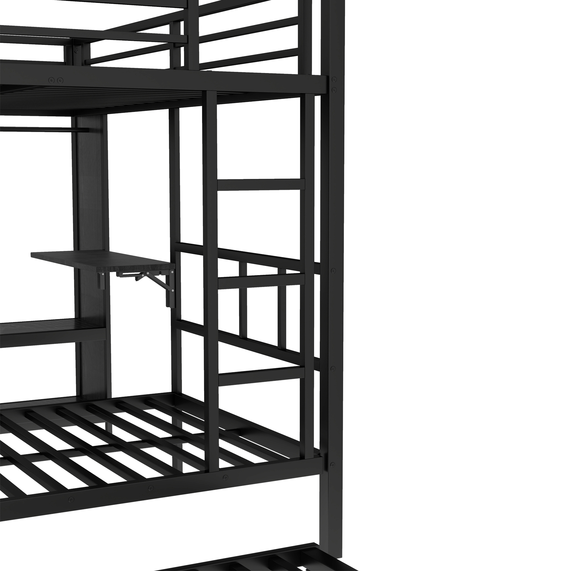 Metal Queen Over Twin Bunk Bed With Built-in Wardrobe, Trundle, Foldable Desk, Ladders 14 Metal Queen Over Twin Bunk Bed With Built-in Wardrobe, Trundle, Foldable Desk, Ladders