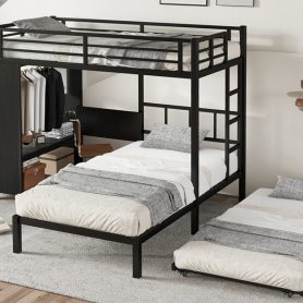 Metal Twin Over Twin Bunk Bed With Built-in Wardrobe, Trundle, Foldable Desk, Ladders