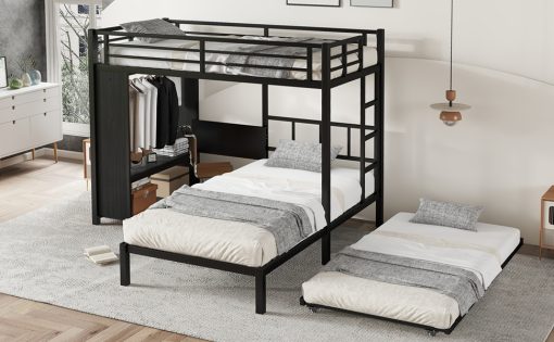 Metal Twin Over Twin Bunk Bed With Built-in Wardrobe, Trundle, Foldable Desk, Ladders