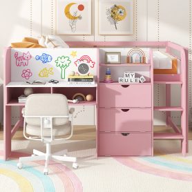 Full Size Low Loft Bed With Built-in Desk, Storage Cabinets And Open Bookcase