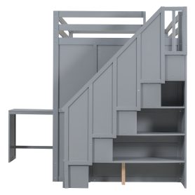 Wooden Full Size Loft Bed with Wardrobe, Desk and Shelves