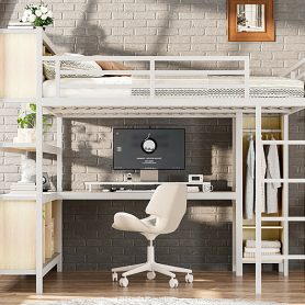 Metal Queen Size Loft Bed With Wardrobe, L-shaped Desk, Storage Cubes And Shelve