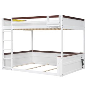 Queen Size Wooden Bunk Bed with Built-in Shelves, Storage Box, LED Light and USB Charging Station