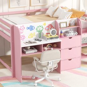 Full Size Low Loft Bed With Built-in Desk, Storage Cabinets And Open Bookcase 24 Full Size Low Loft Bed With Built-in Desk, Storage Cabinets And Open Bookcase