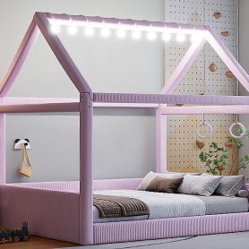 Full Size Upholstered House Daybed with LED Light Strips