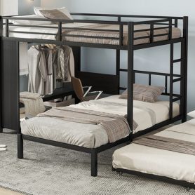 Metal Full Over Twin Bunk Bed With Built-in Wardrobe, Trundle, Foldable Desk, Ladders