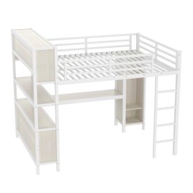 Metal Queen Size Loft Bed With Wardrobe, L-shaped Desk, Storage Cubes And Shelve