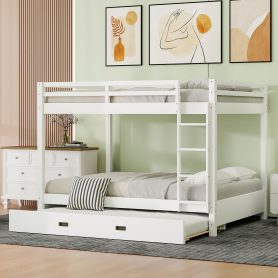 Wood Queen Size Bunk Bed with Ladder and Trundle
