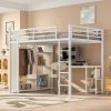 Metal Queen Size Loft Bed With Built-in Wardrobe, Desk And Storage Shelves