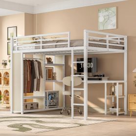 Metal Queen Size Loft Bed With Built-in Wardrobe, Desk And Storage Shelves