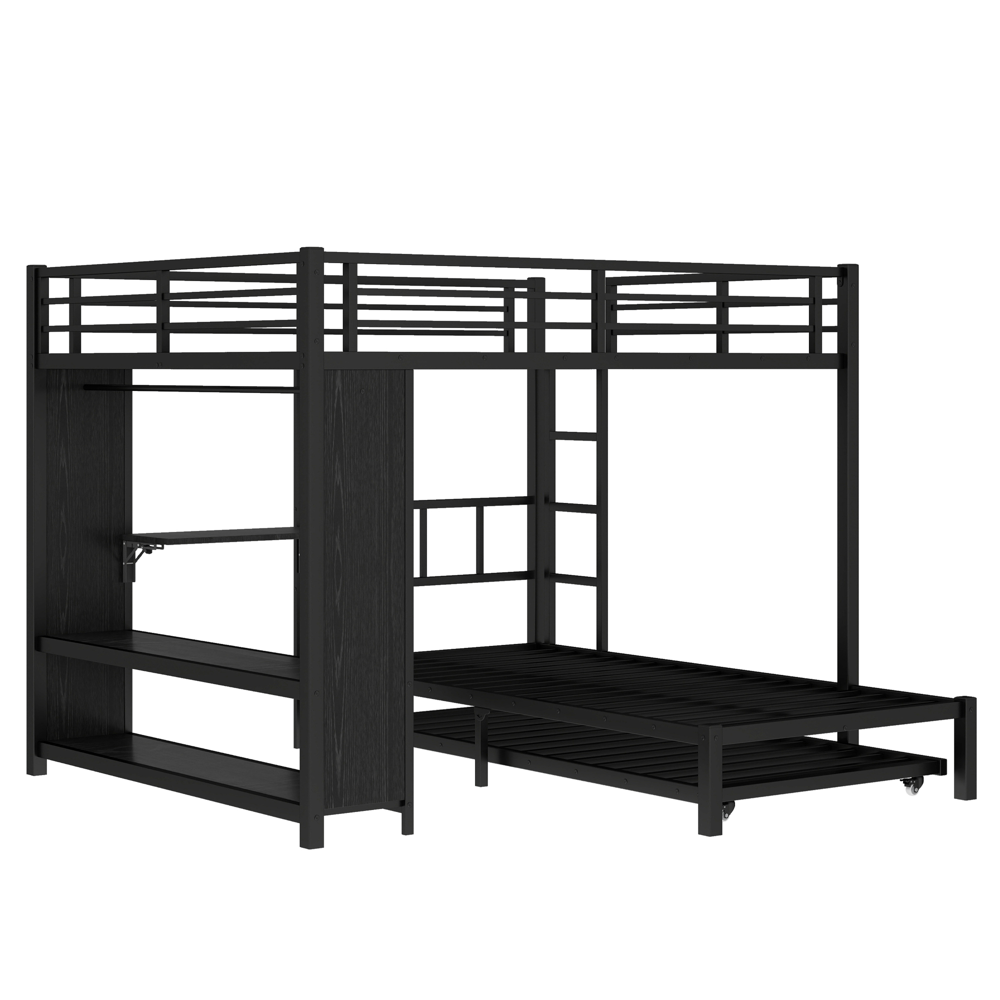 Metal Queen Over Twin Bunk Bed With Built-in Wardrobe, Trundle, Foldable Desk, Ladders 11 Metal Queen Over Twin Bunk Bed With Built-in Wardrobe, Trundle, Foldable Desk, Ladders