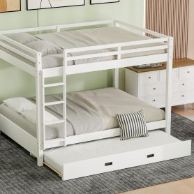 Wood Queen Size Bunk Bed with Ladder and Trundle