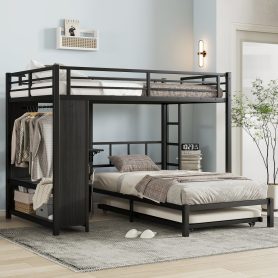 Metal Full Over Twin Bunk Bed With Built-in Wardrobe, Trundle, Foldable Desk, Ladders