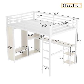 Metal Queen Size Loft Bed With Built-in Wardrobe, Desk And Storage Shelves