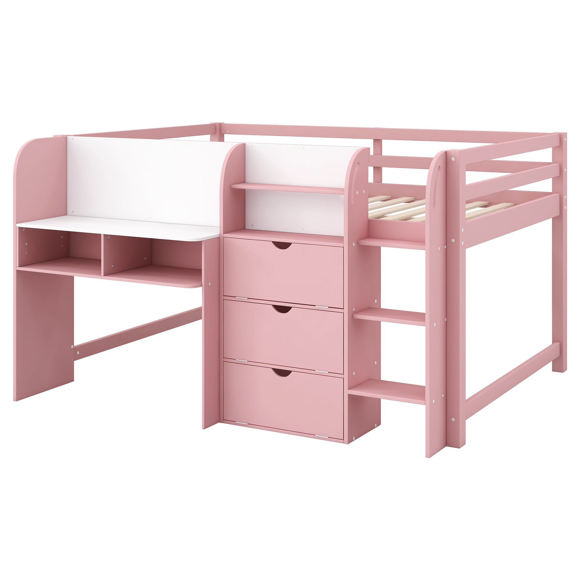 Full Size Low Loft Bed With Built-in Desk, Storage Cabinets And Open Bookcase 19 Full Size Low Loft Bed With Built-in Desk, Storage Cabinets And Open Bookcase