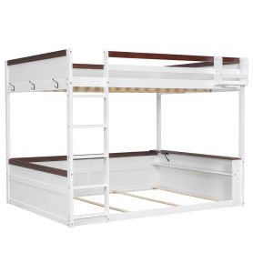 Queen Size Wooden Bunk Bed with Built-in Shelves, Storage Box, LED Light and USB Charging Station