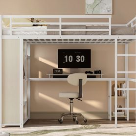 Metal Queen Size Loft Bed With Built-in Wardrobe, Desk And Storage Shelves