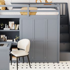 Wooden Full Size Loft Bed with Wardrobe, Desk and Shelves