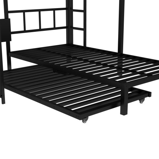 Metal Twin Over Twin Bunk Bed With Built-in Wardrobe, Trundle, Foldable Desk, Ladders