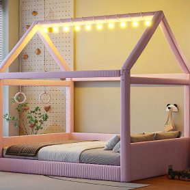 Full Size Upholstered House Daybed with LED Light Strips