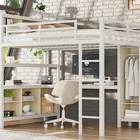 Metal Queen Size Loft Bed With Wardrobe, L-shaped Desk, Storage Cubes And Shelve