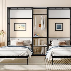 Metal Twin And Twin Murphy Bed With Wardrobe, Shelves And Power Outlets 40 Metal Twin And Twin Murphy Bed With Wardrobe, Shelves And Power Outlets