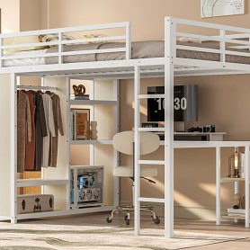Metal Queen Size Loft Bed With Built-in Wardrobe, Desk And Storage Shelves