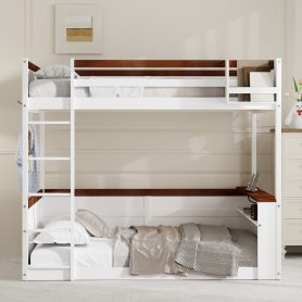 Queen Size Wooden Bunk Bed with Built-in Shelves, Storage Box, LED Light and USB Charging Station