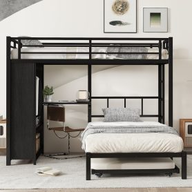 Metal Twin Over Twin Bunk Bed With Built-in Wardrobe, Trundle, Foldable Desk, Ladders