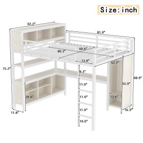 Metal Queen Size Loft Bed With Wardrobe, L-shaped Desk, Storage Cubes And Shelve