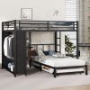 Metal Queen Over Twin Bunk Bed With Built-in Wardrobe, Trundle, Foldable Desk, Ladders