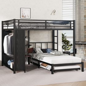 Metal Queen Over Twin Bunk Bed With Built-in Wardrobe, Trundle, Foldable Desk, Ladders