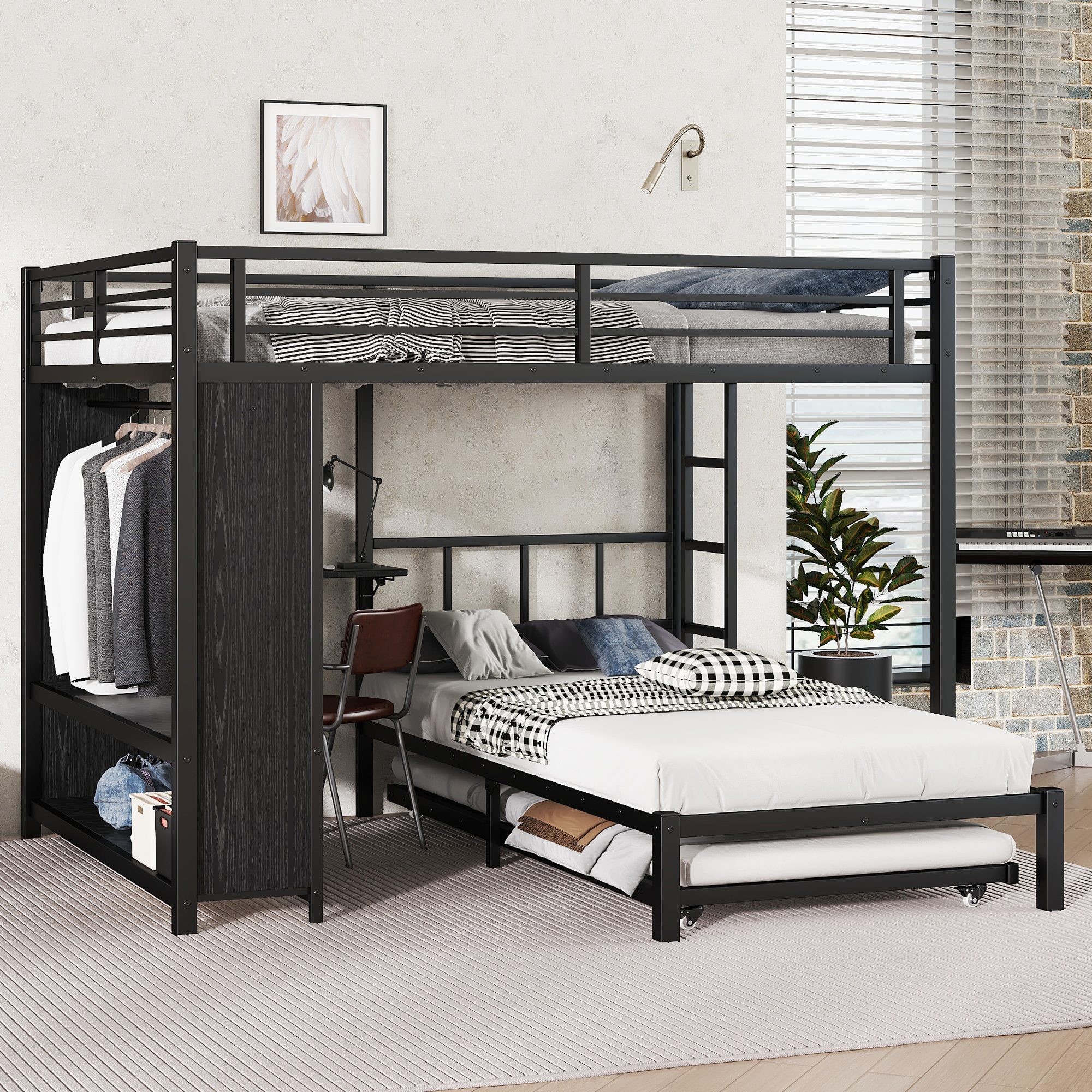 Metal Queen Over Twin Bunk Bed With Built-in Wardrobe, Trundle, Foldable Desk, Ladders 3 Metal Queen Over Twin Bunk Bed With Built-in Wardrobe, Trundle, Foldable Desk, Ladders