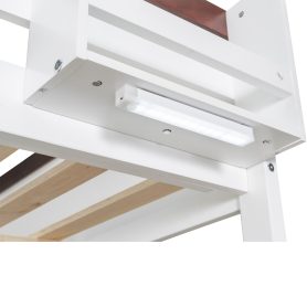 Queen Size Wooden Bunk Bed with Built-in Shelves, Storage Box, LED Light and USB Charging Station