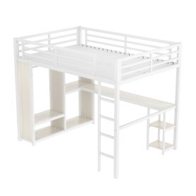 Metal Queen Size Loft Bed With Built-in Wardrobe, Desk And Storage Shelves