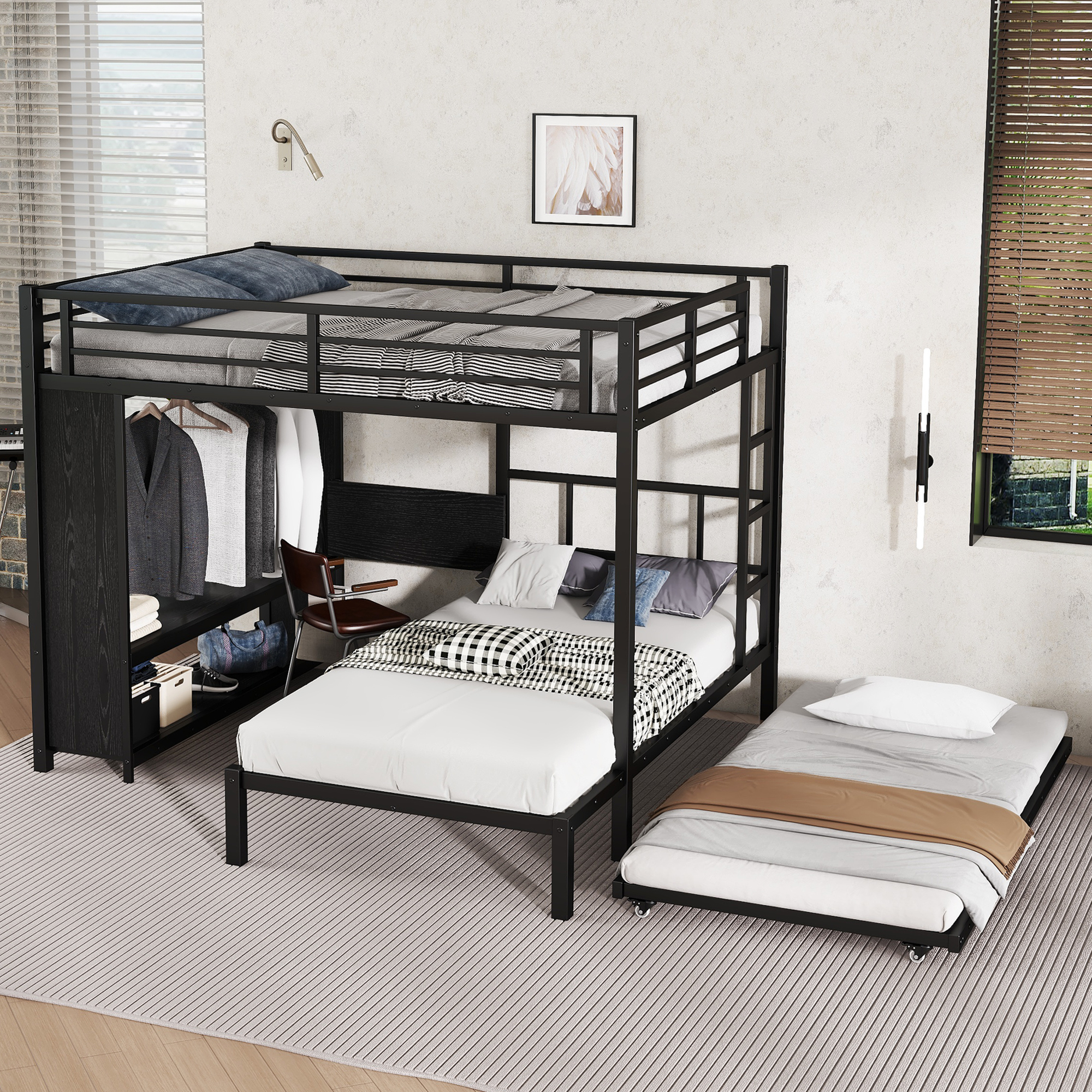 Metal Queen Over Twin Bunk Bed With Built-in Wardrobe, Trundle, Foldable Desk, Ladders 20 Metal Queen Over Twin Bunk Bed With Built-in Wardrobe, Trundle, Foldable Desk, Ladders