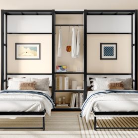 Metal Twin And Twin Murphy Bed With Wardrobe, Shelves And Power Outlets 43 Metal Twin And Twin Murphy Bed With Wardrobe, Shelves And Power Outlets