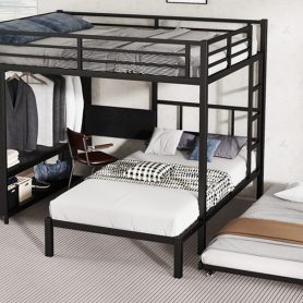 Metal Queen Over Twin Bunk Bed With Built-in Wardrobe, Trundle, Foldable Desk, Ladders 22 Metal Queen Over Twin Bunk Bed With Built-in Wardrobe, Trundle, Foldable Desk, Ladders