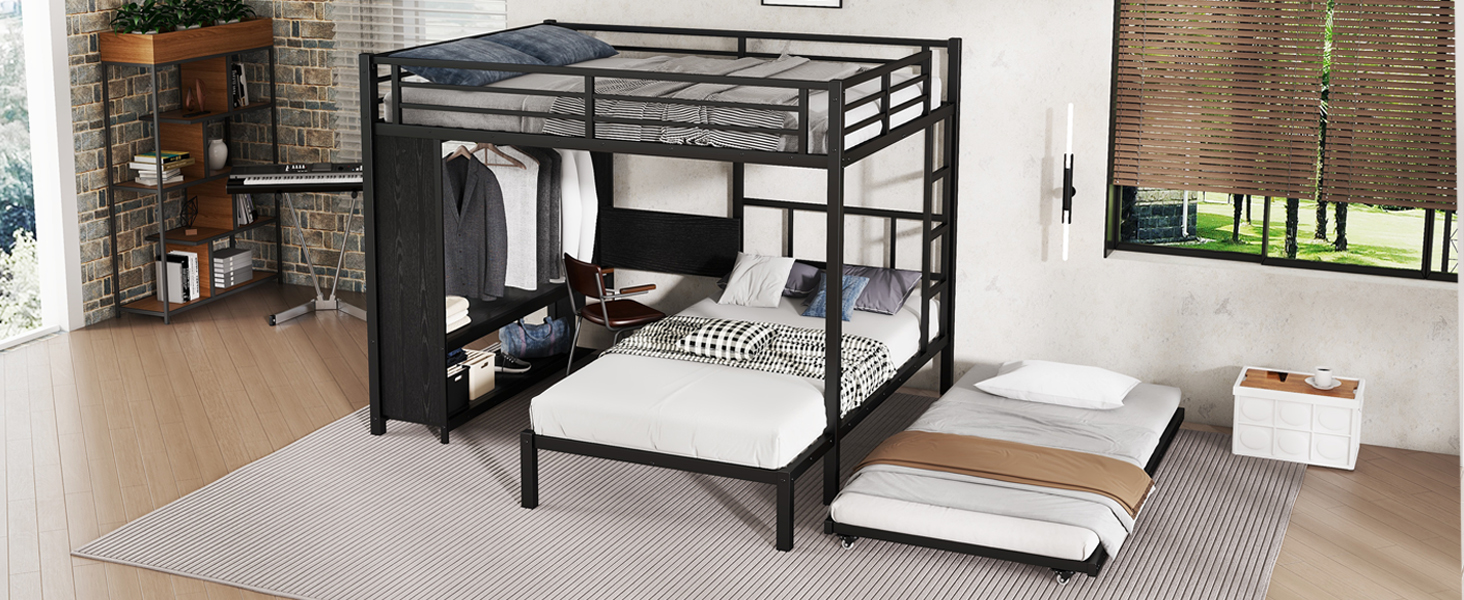 Metal Queen Over Twin Bunk Bed With Built-in Wardrobe, Trundle, Foldable Desk, Ladders 5 Metal Queen Over Twin Bunk Bed With Built-in Wardrobe, Trundle, Foldable Desk, Ladders