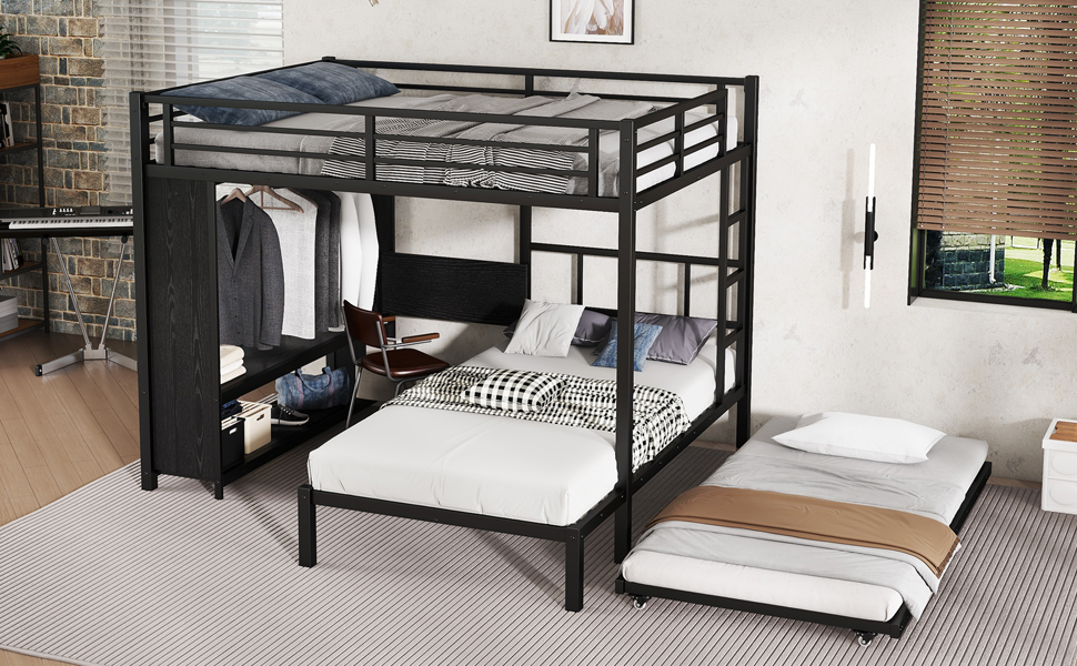 Metal Queen Over Twin Bunk Bed With Built-in Wardrobe, Trundle, Foldable Desk, Ladders 8 Metal Queen Over Twin Bunk Bed With Built-in Wardrobe, Trundle, Foldable Desk, Ladders