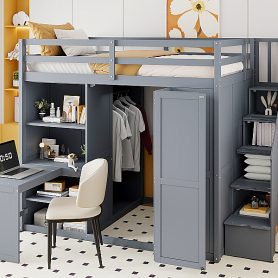 Wooden Full Size Loft Bed with Wardrobe, Desk and Shelves