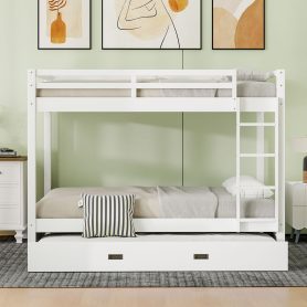 Wood Queen Size Bunk Bed with Ladder and Trundle