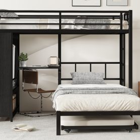 Metal Twin Over Twin Bunk Bed With Built-in Wardrobe, Trundle, Foldable Desk, Ladders