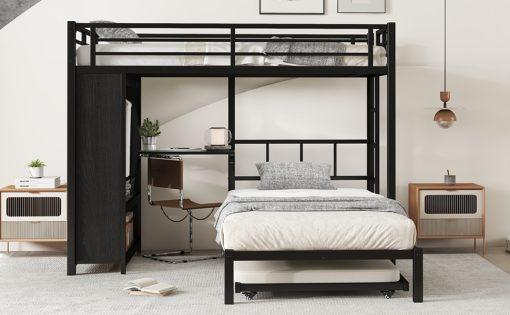 Metal Twin Over Twin Bunk Bed With Built-in Wardrobe, Trundle, Foldable Desk, Ladders