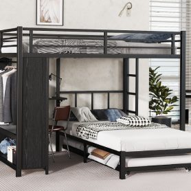 Metal Queen Over Twin Bunk Bed With Built-in Wardrobe, Trundle, Foldable Desk, Ladders 26 Metal Queen Over Twin Bunk Bed With Built-in Wardrobe, Trundle, Foldable Desk, Ladders