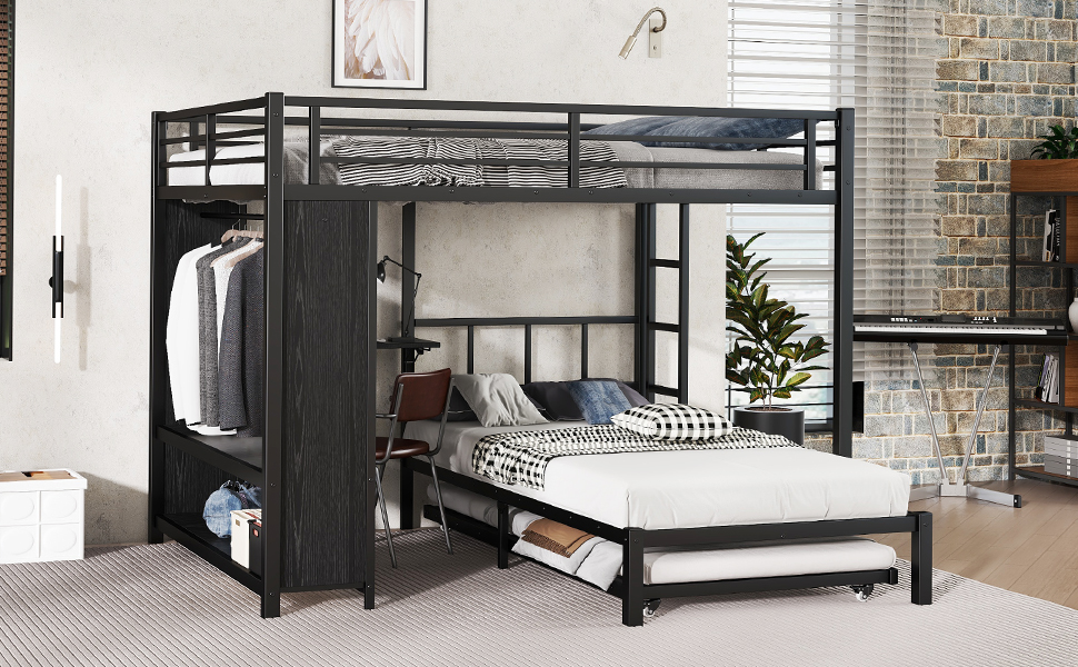 Metal Queen Over Twin Bunk Bed With Built-in Wardrobe, Trundle, Foldable Desk, Ladders 9 Metal Queen Over Twin Bunk Bed With Built-in Wardrobe, Trundle, Foldable Desk, Ladders